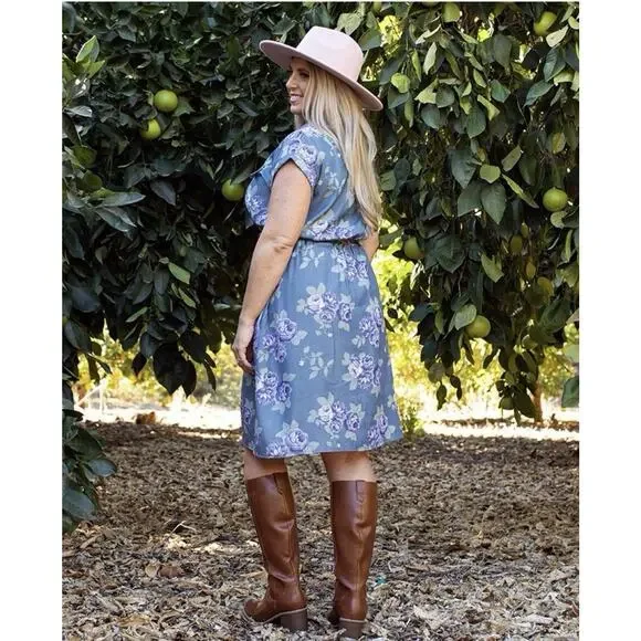 Lularoe New Stacie Shirt Dress Drawstring Button Up Pockets Blue Floral Plus 2XL - Picture 2 of 11